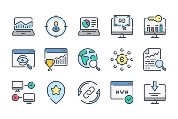 Search Engine Optimization related color line icon set. Business and marketing linear icons. SEO colorful outline vector sign collection.