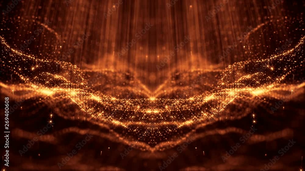 Poster glow particles form sci-fi cosmic background. looped 3d animation. golden red symmetrical structures