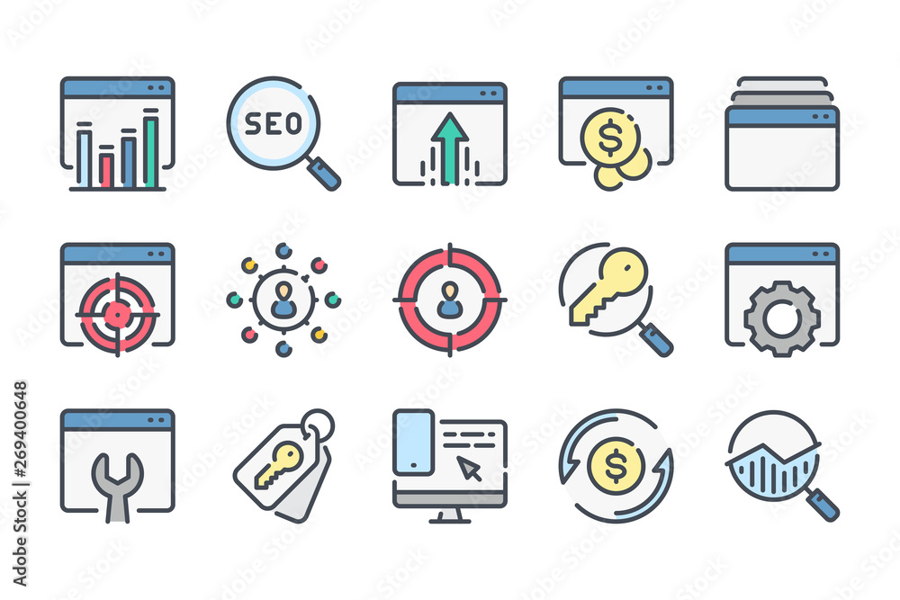 Poster seo related color line icon set. business and marketing linear icons. search engine optimization col