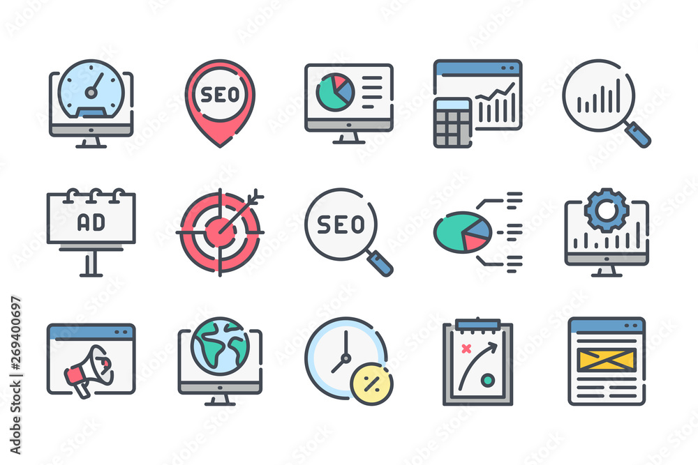 Aufkleber search engine optimization related color line icon set. business and marketing linear icons. seo col