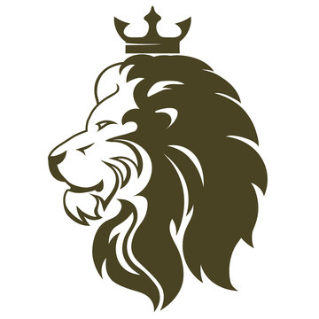 Lion head with crown. Royal cat profile. Golden luxury emblem. Vector