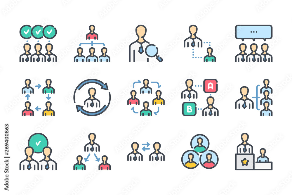 Poster teamwork related color line icon set. workflow linear icons. cooperation and collaboration colorful 
