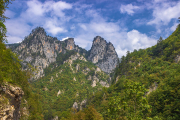 Mountain landscape in the summer cloudy day. Soft focus and blurred background.