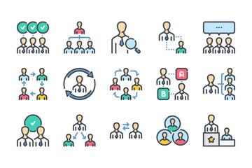 Teamwork related color line icon set. Workflow linear icons. Cooperation and collaboration colorful outline vector sign collection.