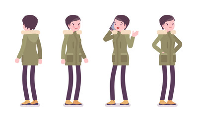 Parka woman standing with phone. Young lady in green windproof jacket with hood, cold weather city female outfit. Vector flat style cartoon illustration isolated on white background, front, rear view © andrew_rybalko