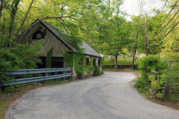 Old historic  abandoned stone mill covered in ivy on rural New England country road