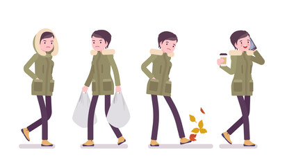 Parka woman in autumn affairs. Young lady wearing green windproof fall jacket with a hood, cold weather city female outfit. Vector flat style cartoon illustration isolated on white background © andrew_rybalko