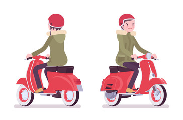 Parka woman on red scooter. Young lady wearing green windproof fall jacket with hood, cold weather city female outfit. Vector flat style cartoon illustration isolated on white background, front, rear © andrew_rybalko