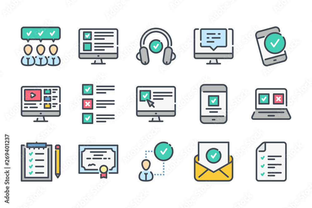 Poster online education related color line icon set. e-learning and testing linear icons. exam and quiz col