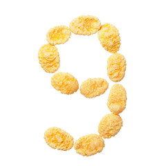 Yellow cornflakes number nine 9 isolated on white background.