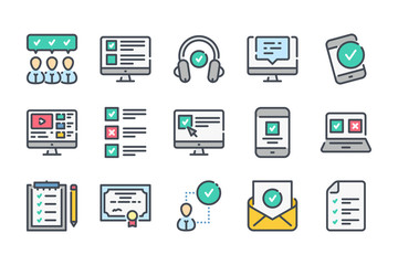 Online Education related color line icon set. E-learning and testing linear icons. Exam and quiz colorful outline vector sign collection.