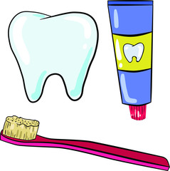 Vector color illustration with tooth, toothbrush and toothpaste on white background. Postcard and logo design.Good for printing. 