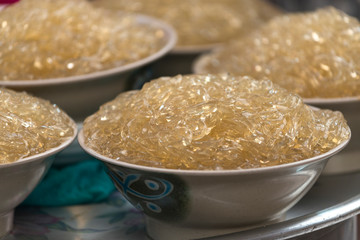 Close-up of Korean glass noodles in bowls, Seoul, South Korea