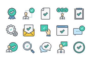 Acceptance and Quality related color line icon set. Approve and check mark linear icons. Сompliance with requirements colorful outline vector sign collection.