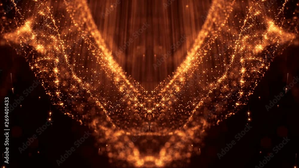Poster glow particles form sci-fi cosmic background. looped 3d animation. golden red symmetrical structures