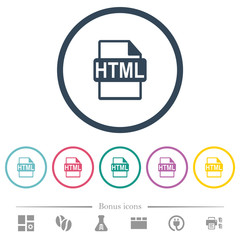 HTML file format flat color icons in round outlines