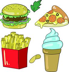 Vector color illustration with hamburger, pizza, french fries and ice cream on white background. Postcard and logo design.Good for printing. 