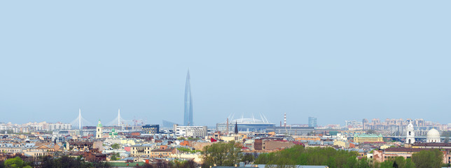 Obraz premium Skyline of Saint Petersburg, panoramic top view. Petrogradsky and Seaside districts, Krestovsky Island