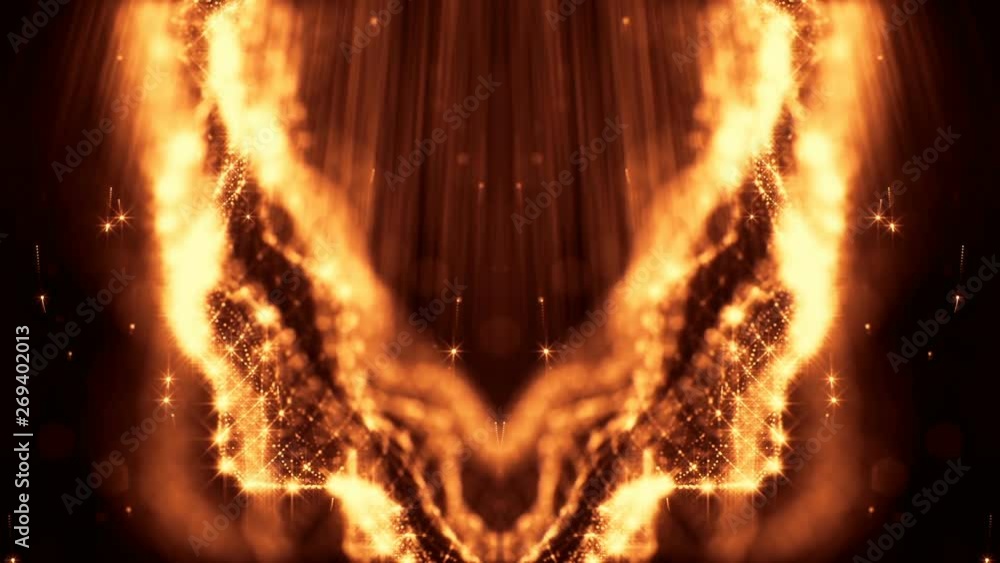 Poster glow particles form sci-fi cosmic background. looped 3d animation. golden red symmetrical structures