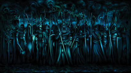 Dark ages warriors banner/ Illustration fantasy group of medieval warriors, gloomy skies in the background. Digital painting