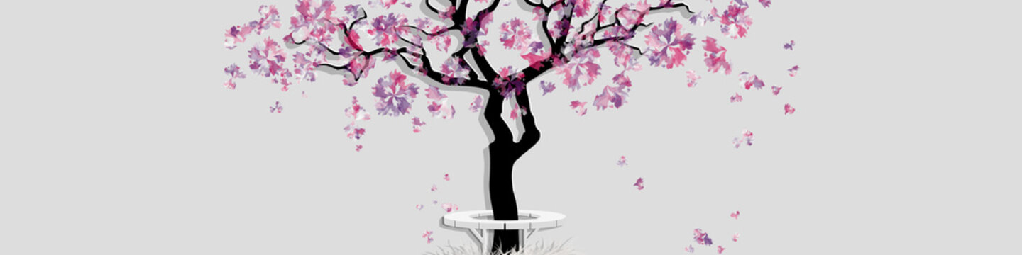 Spring landscape with abstract blooming tree. Spring horizontal banner with place for inscription. Watercolor imitation. Cherry tree or peach tree isolated on grey background. Vector, EPS 10