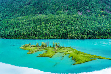 beautiful Kanas Lake Wolong Bay in summer，Altay, Xinjiang, China