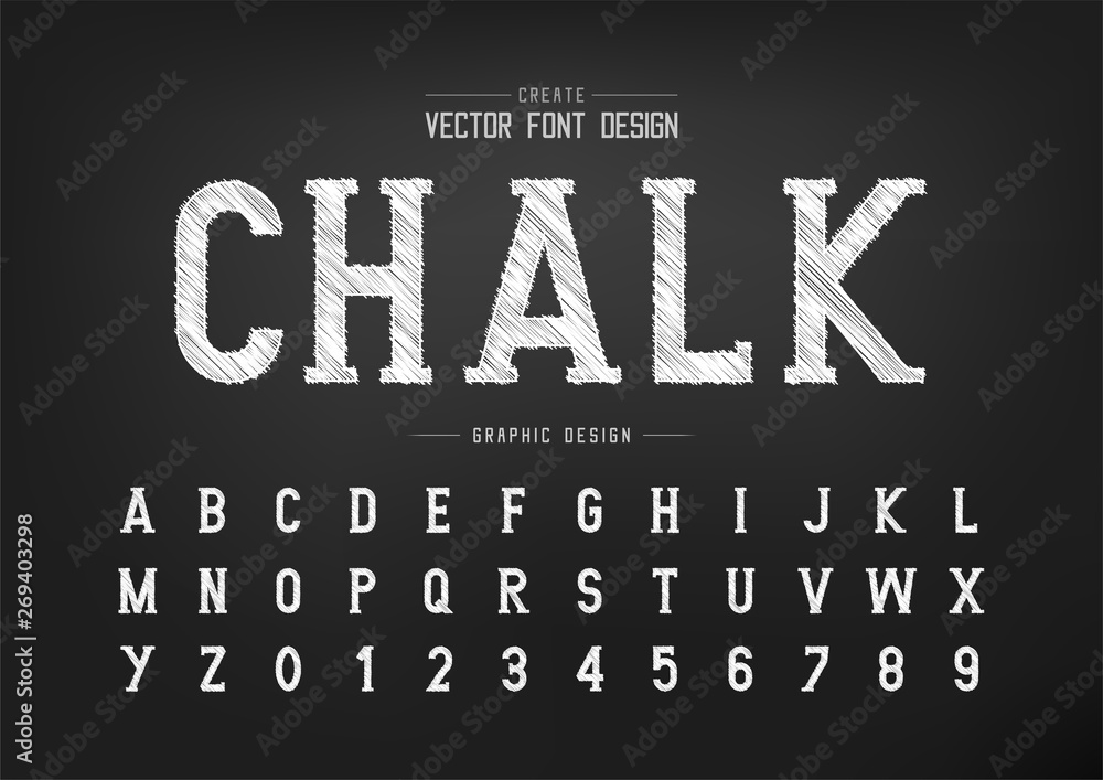 Poster sketch font and alphabet vector, chalk writing style typeface letter graphic text and number design