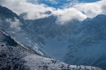 snow on the mountain and clouds 