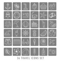 summer Set of 36 travel icons, thin line style, vector illustration Outline Holiday. black sketch