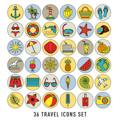 summer Set of 36 travel icons, thin line style, vector illustration Outline Holiday. color sketch