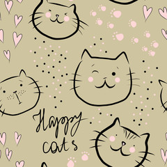 Happy cats with pink hearts and text - seamless pattern on brown background