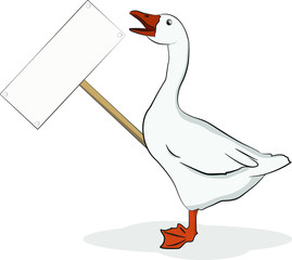 Cartoon goose holding a sign. Isolated on white background