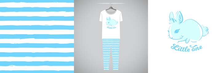 Seamless strip pattern and illustration for kid with rabbit and quote Little one. Cute design pajamas on hanger. Baby background for clothes, room birthday decor, t-shirt print, kids wear fashion