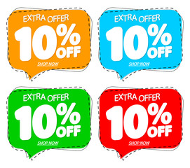 Set Sale speech bubble banners, discount 10% off, promotion tags design template, app icons, extra offer, vector illustration
