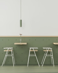 Stylish cafe interior in green with wooden chairs, tables green panels and chandeliers / 3D illustration, 3d render