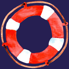 Watercolor lifebuoy. Marine illustration. Isolated on a blue background. Love summer. 