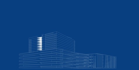 3D illustration architecture building perspective lines.