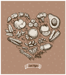 Heart shaped vegetables, fruits and nuts