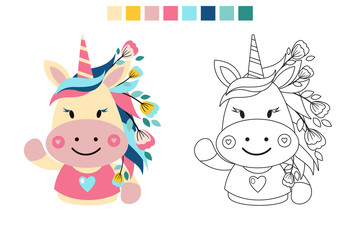 Unicorn with flowers. Coloring book. A game for children. Child development. Illustration in cartoon style. 