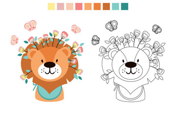 Lion with flowers and butterflies. Coloring book A game for children. Child development. Illustration in cartoon style.