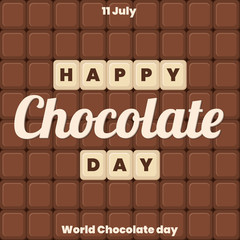 World Chocolate Day. Text with blocks of chocolate. 11 july.  Brown color. For banners, greeting cards, wallpapers.