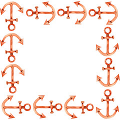 The watercolor sea square frame from anchors in a row on a white background. Summer illustration. Isolated. 