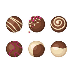 Chocolates candies with various decorations and sprinkles. Isolated elements on white background. Brown color.