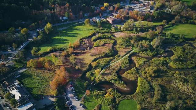 Autumn aerial shot in Stowe, Vermont, USA