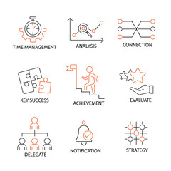 Modern thin line Icon Set in Concept of Business and Human Management with word Time Management,Analysis,Connection,Key Success,Achievement,Evaluate,Delegate,Notification,Strategy. Editable Stroke.