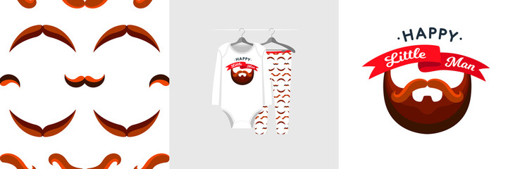 Seamless pattern and illustration for kid with beard, quote Happy little man. Cute design on pajamas mockup. Baby background for clothes wear, room decor, t-shirt, baby shower invitation, wrapping