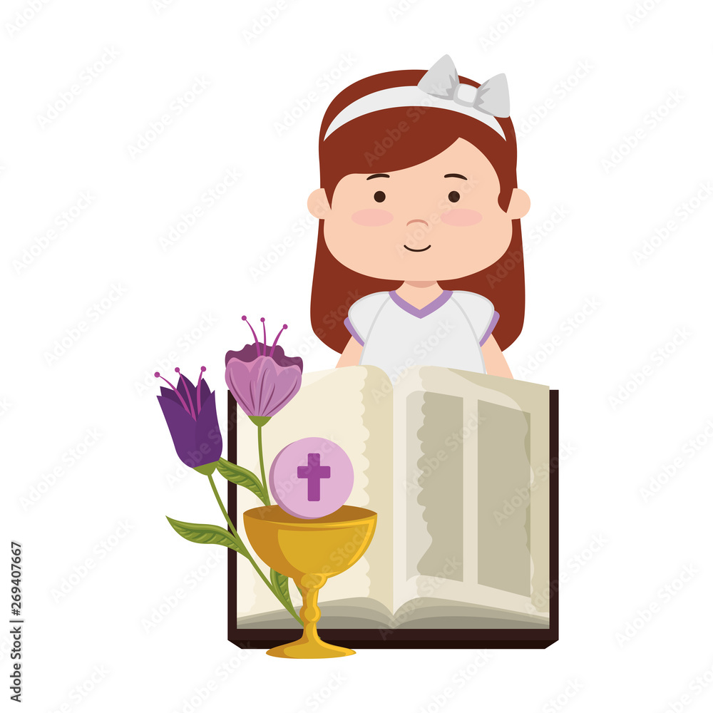 Sticker little girl with bible and flowers first communion