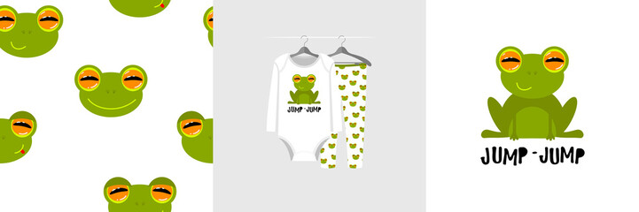 Seamless pattern and illustration for kid with frog, text Jump-jump. Cute design on pajamas mockup. Baby background for clothes wear, room decor, t-shirt, baby shower invitation, wrapping