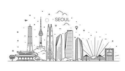 Seoul architecture line skyline illustration. Linear vector cityscape with famous landmarks
