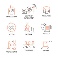 Modern Flat thin line Icon Set in Concept of Business and Human Management with word Customer Satisfaction,Improvement,Resources,Action,Passion,Project,Professional,Teamwork,Logistic. Editable Stroke.